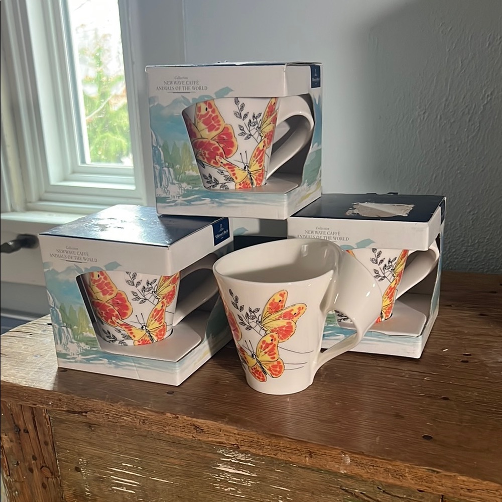 Set of 4 NWT Villeroy & Boch Butterfly Animal Collection Mugs